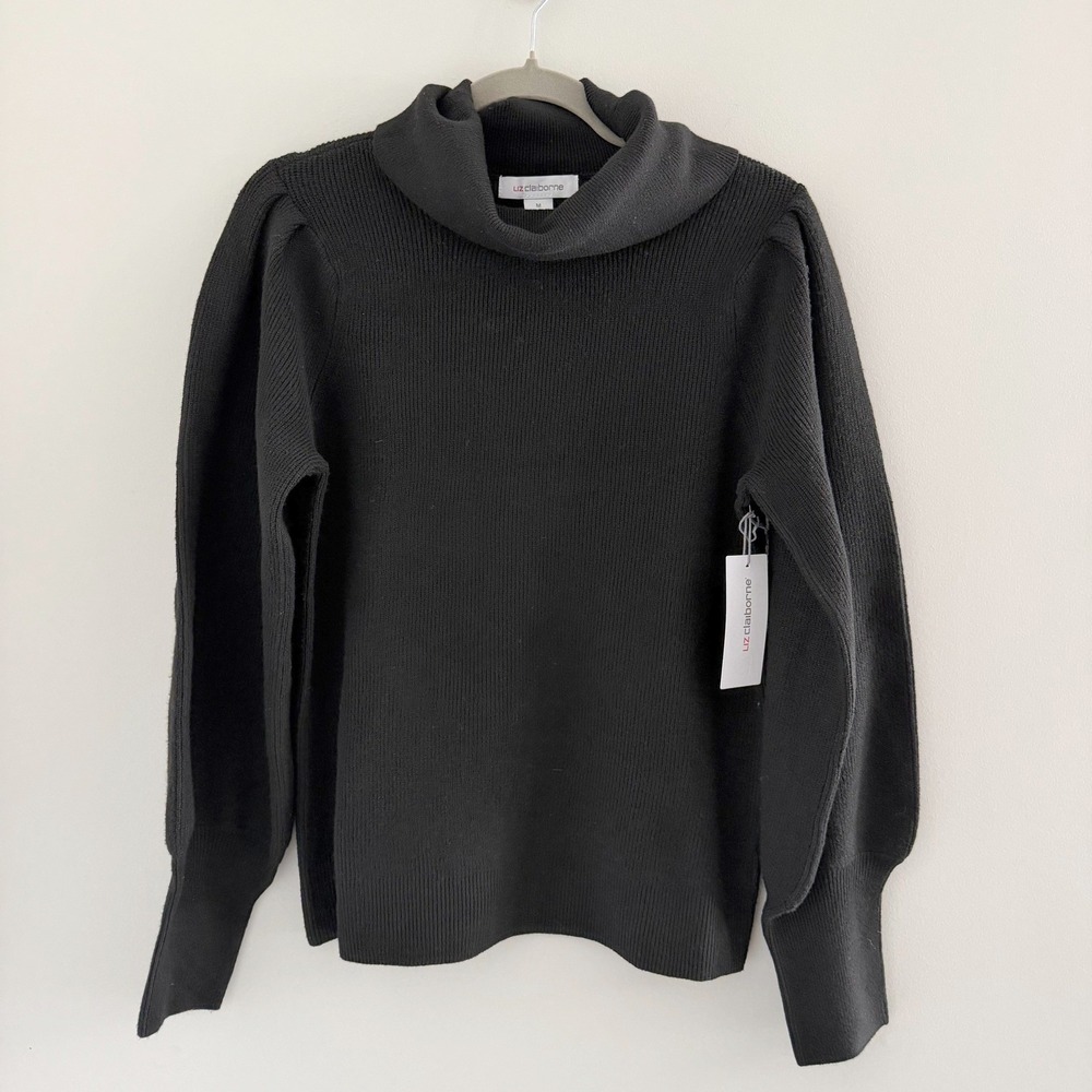 Liz Claiborne Black Cowl Neck Puff Shoulder Balloon Sleeve Sweater Medium NWT